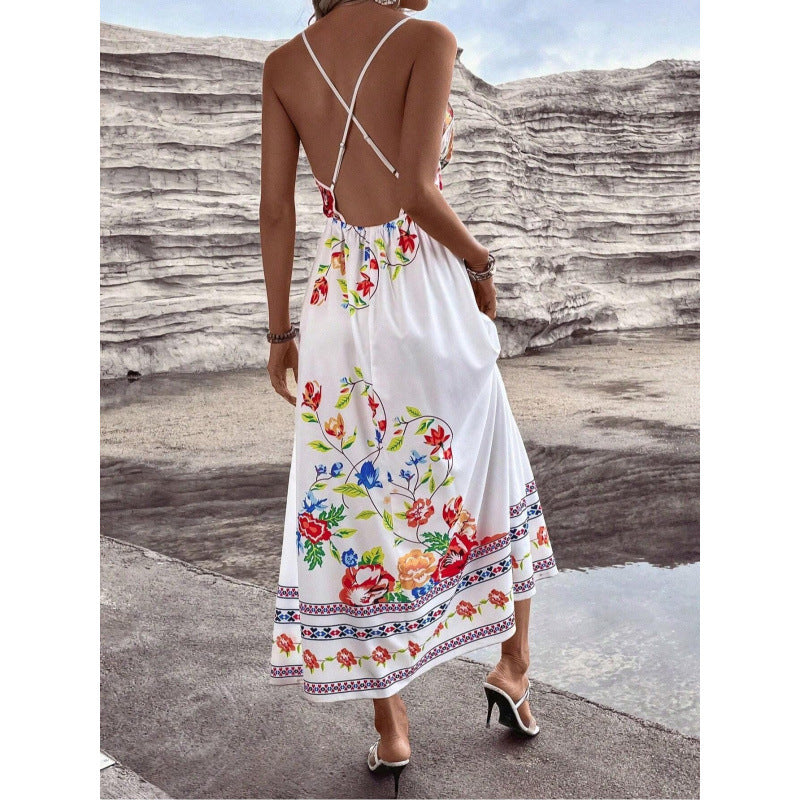 European And American Floral Print V-Neck Slip Dress