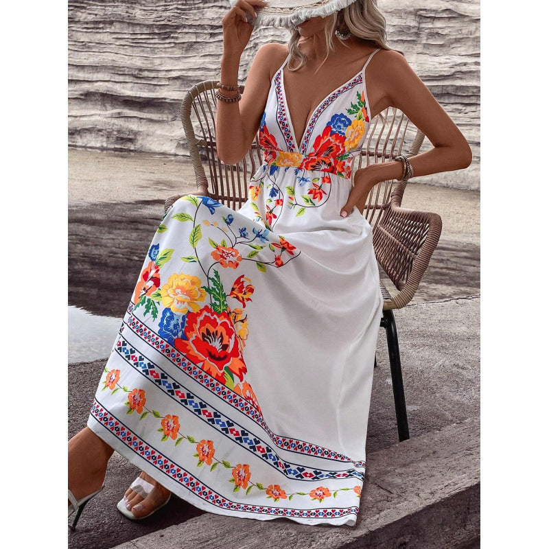 European And American Floral Print V-Neck Slip Dress