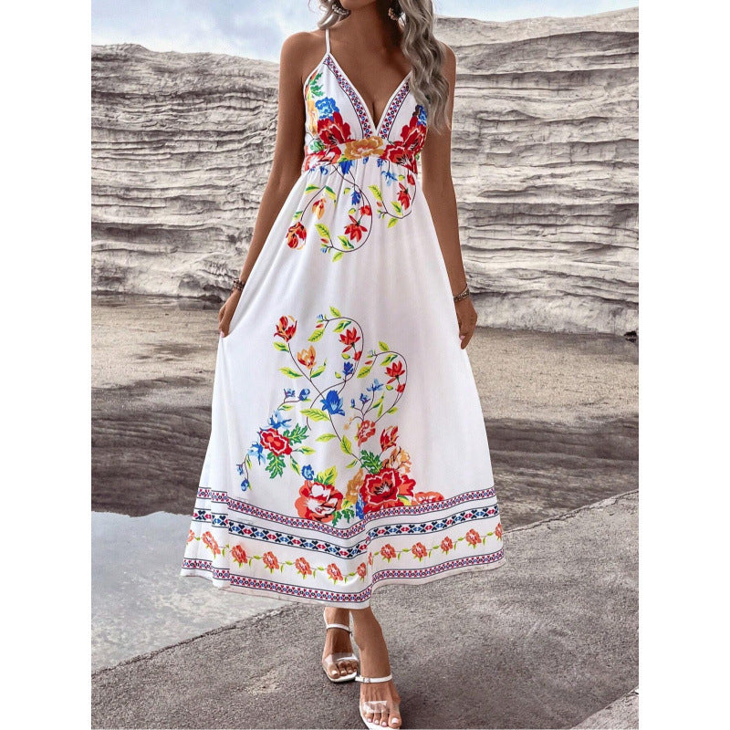 European And American Floral Print V-Neck Slip Dress