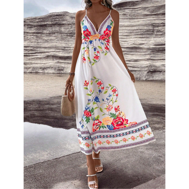 European And American Floral Print V-Neck Slip Dress
